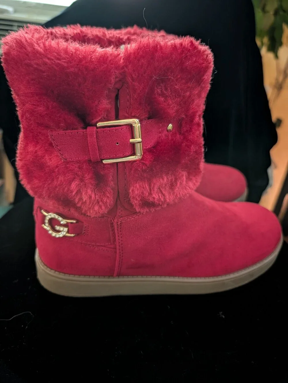 Guess  Red Faux-Fur Foldover Winter Boots